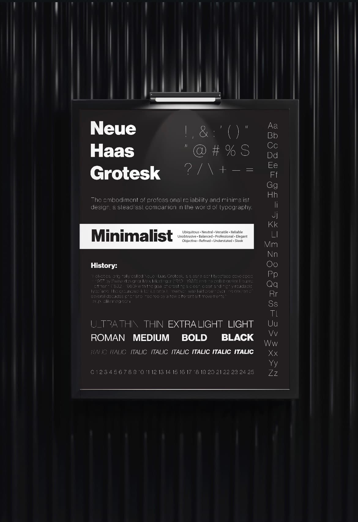 A black tin wall with a mockup of my fcc typeface poster.